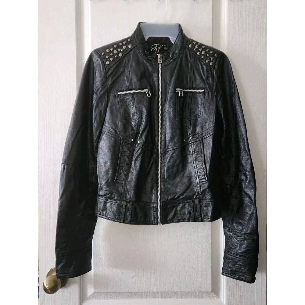 Zara Trf  Women's Leather studded motorcycle jacket‎ Black Full-Zip Size S